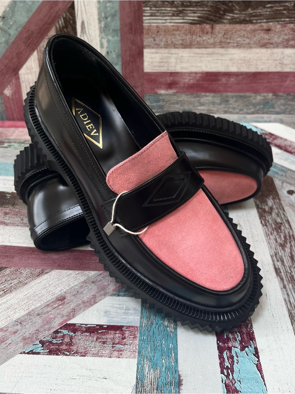 Adieu Paris Women’s Two-Tone Loafers NEW Polido Black Leather/Suede Pink 7.5-8